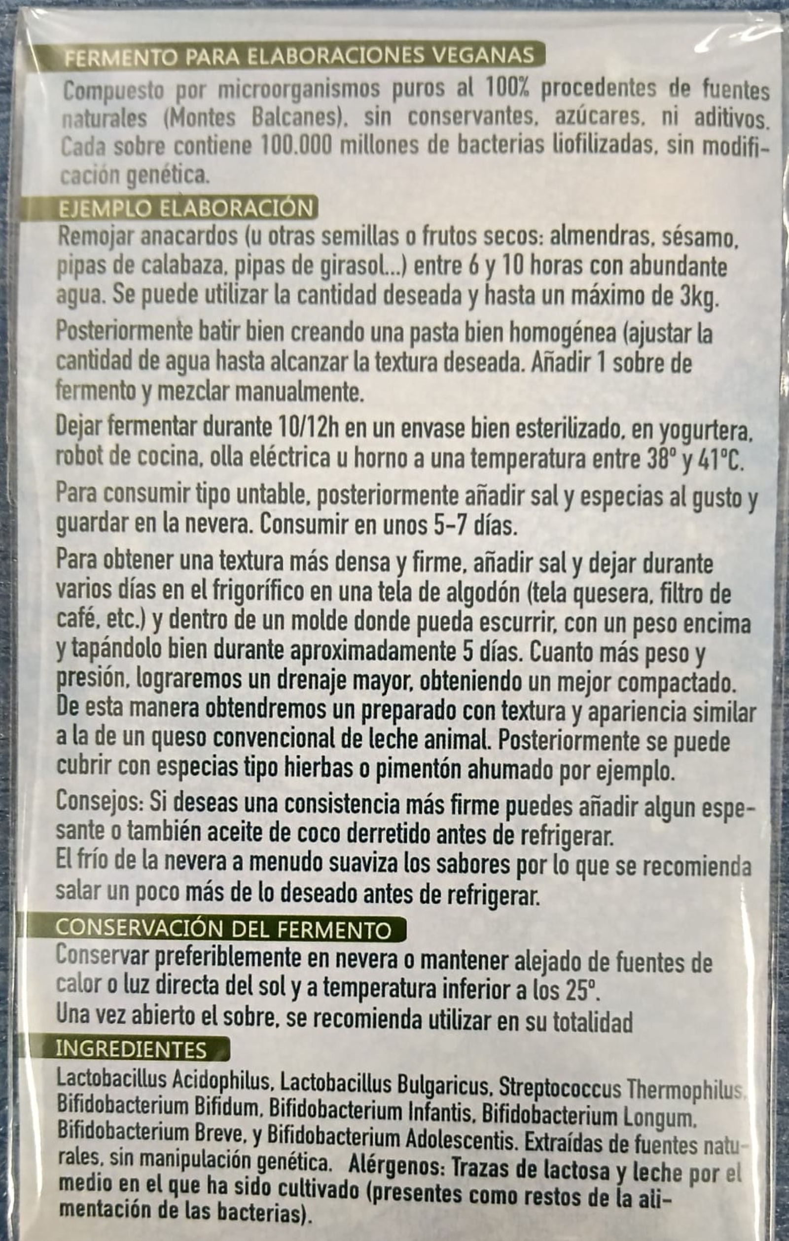 fermentos queso instruciones FERMENTO PARA ELABORAR KESOS VEGANO 2 SOBRES 1g - Imagen 2